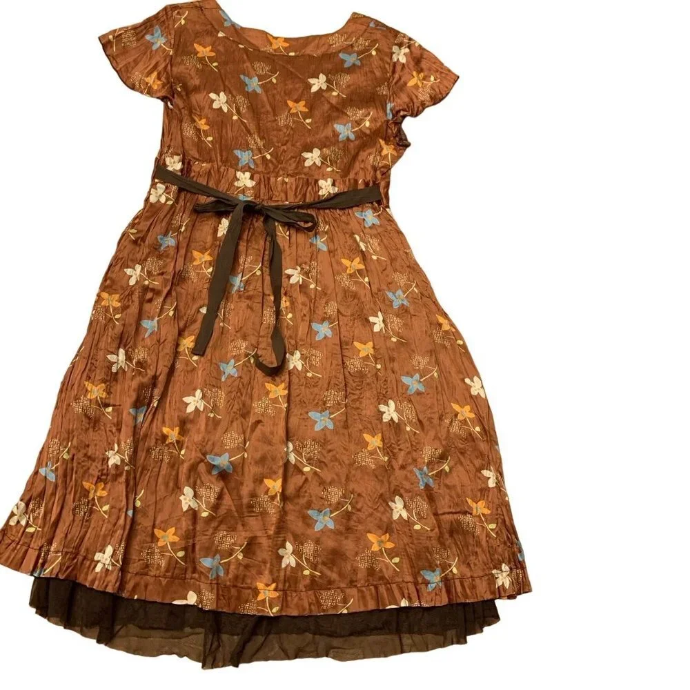 Free People Brown Floral Wrap Dress Size 4 Copper Blue Yellow